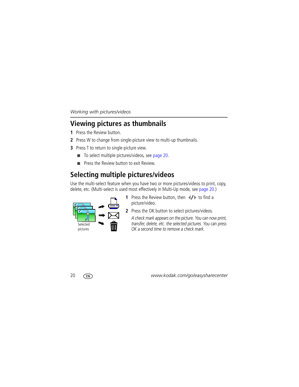 Viewing pictures as thumbnails, Selecting multiple pictures/videos | Kodak KLIC-7004 User Manual | Page 20 / 27