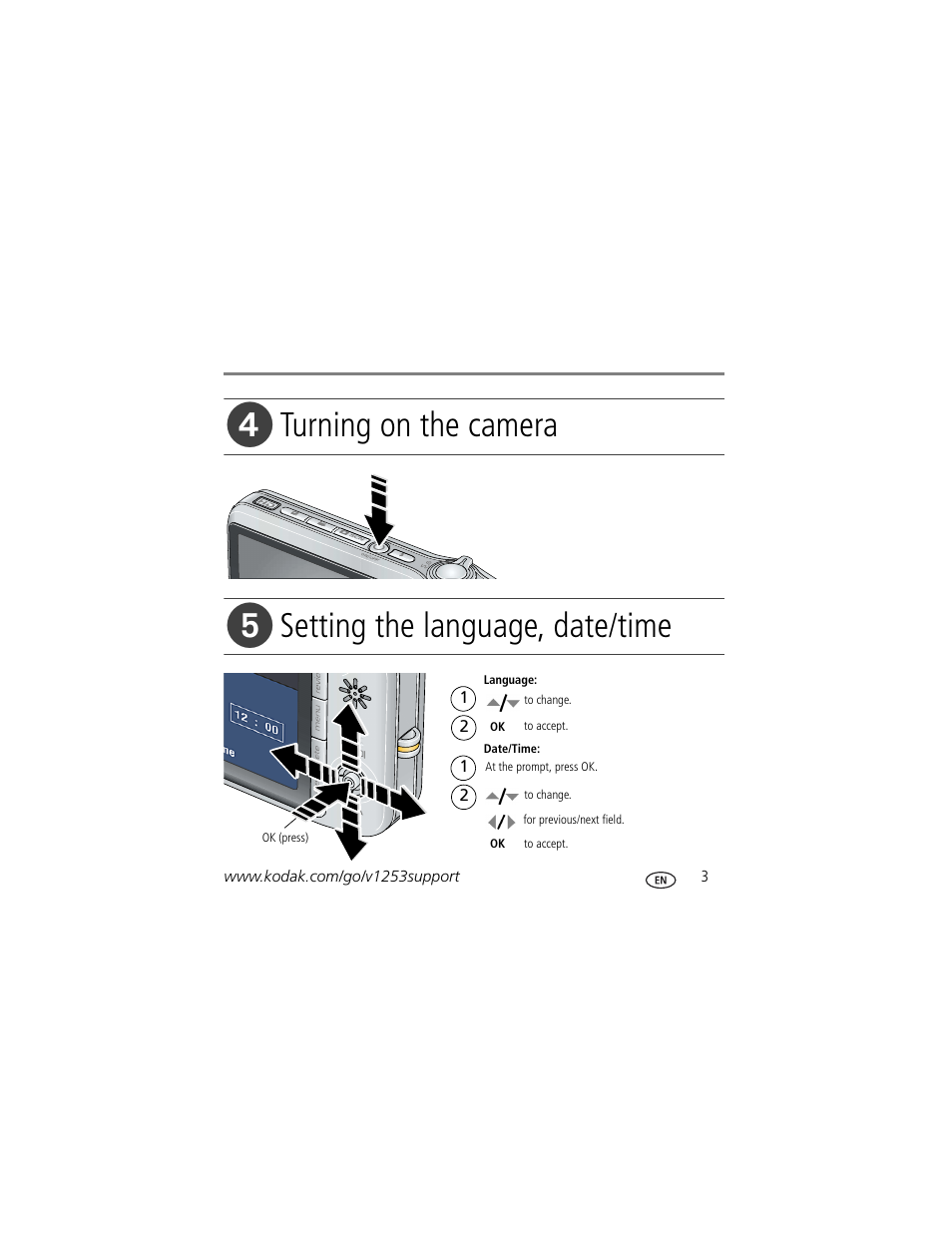Turning on the camera, Setting the language, date/time | Kodak KLIC-7004 User Manual | Page 3 / 27