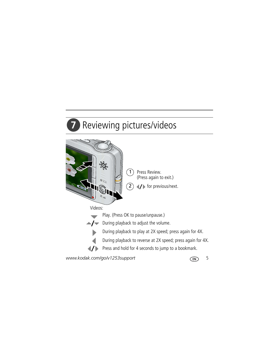 Reviewing pictures/videos | Kodak KLIC-7004 User Manual | Page 5 / 27