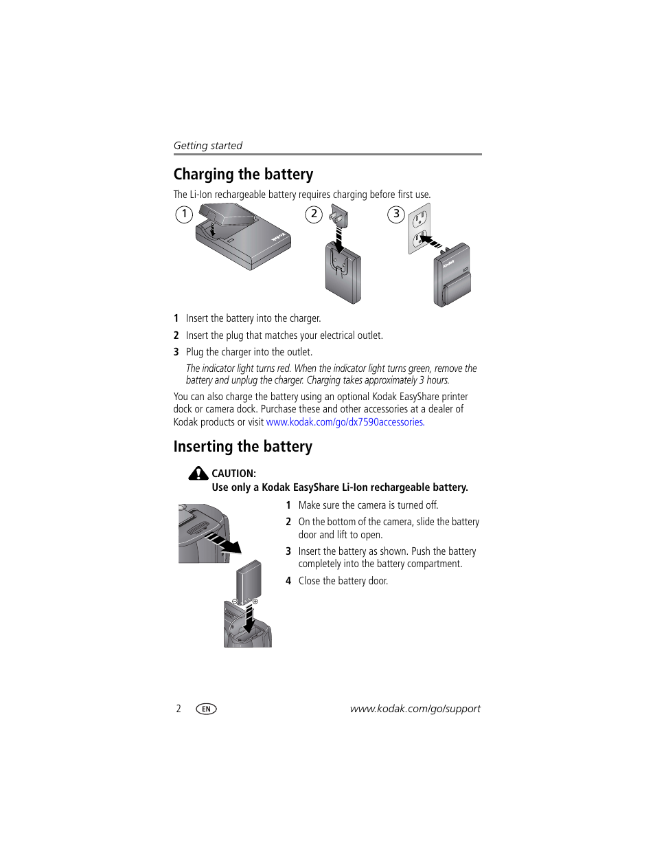 Charging the battery, Inserting the battery, Charging the battery inserting the battery | Kodak DX7590 User Manual | Page 10 / 82