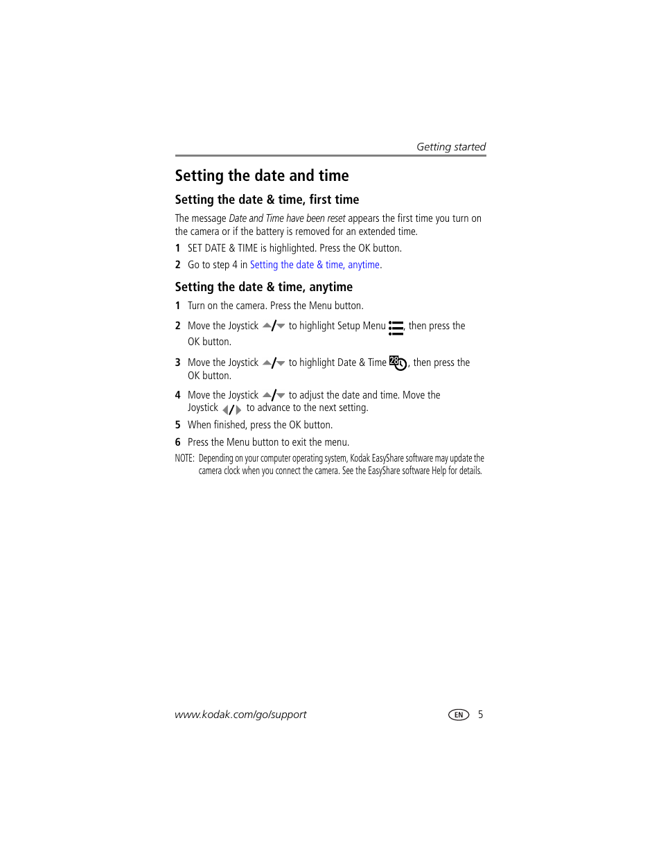 Setting the date and time, Setting the date & time, first time, Setting the date & time, anytime | Kodak DX7590 User Manual | Page 13 / 82