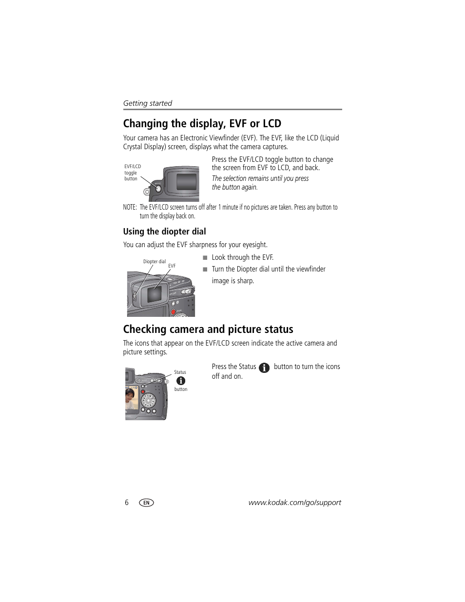 Changing the display, evf or lcd, Using the diopter dial, Checking camera and picture status | Kodak DX7590 User Manual | Page 14 / 82