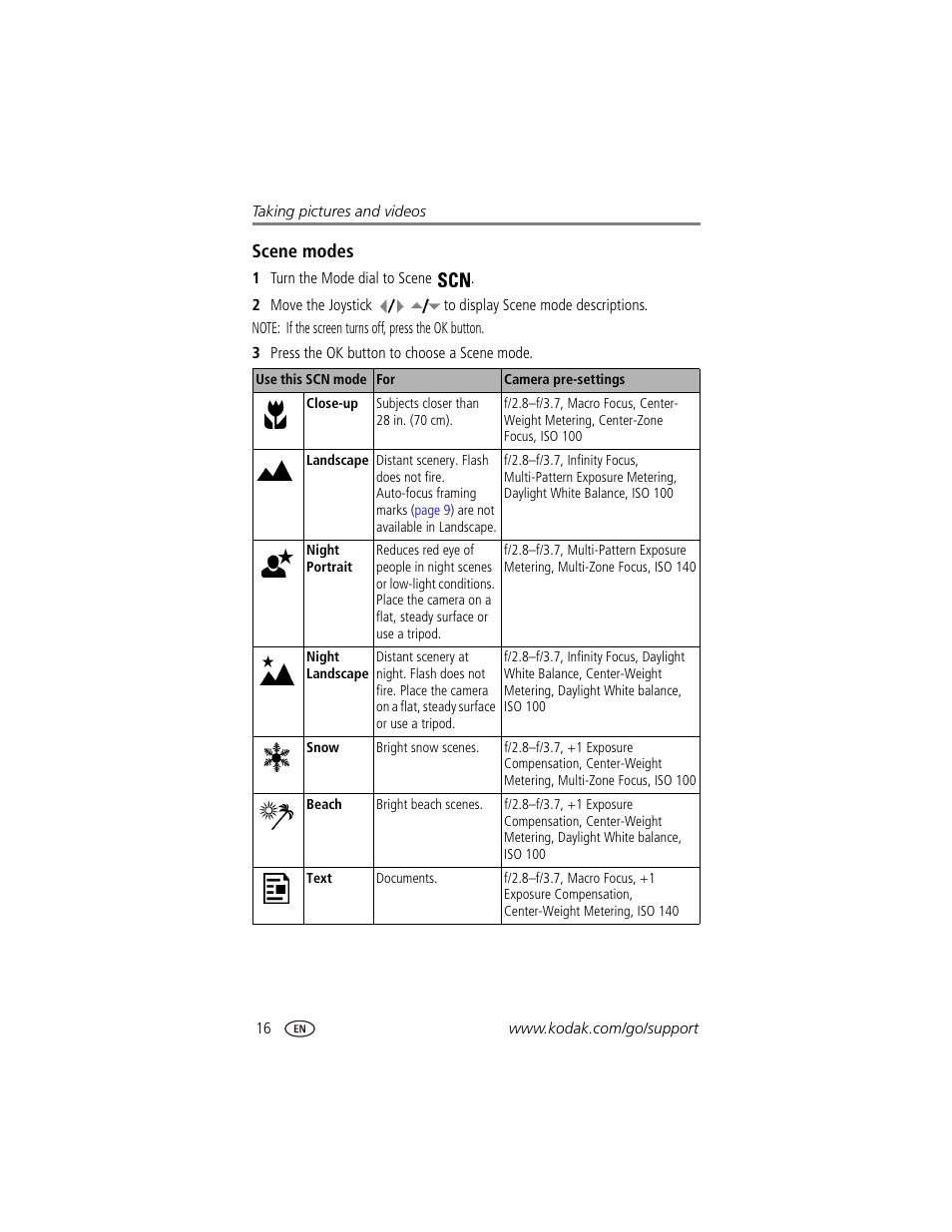 Scene modes, Ns. (see | Kodak DX7590 User Manual | Page 24 / 82