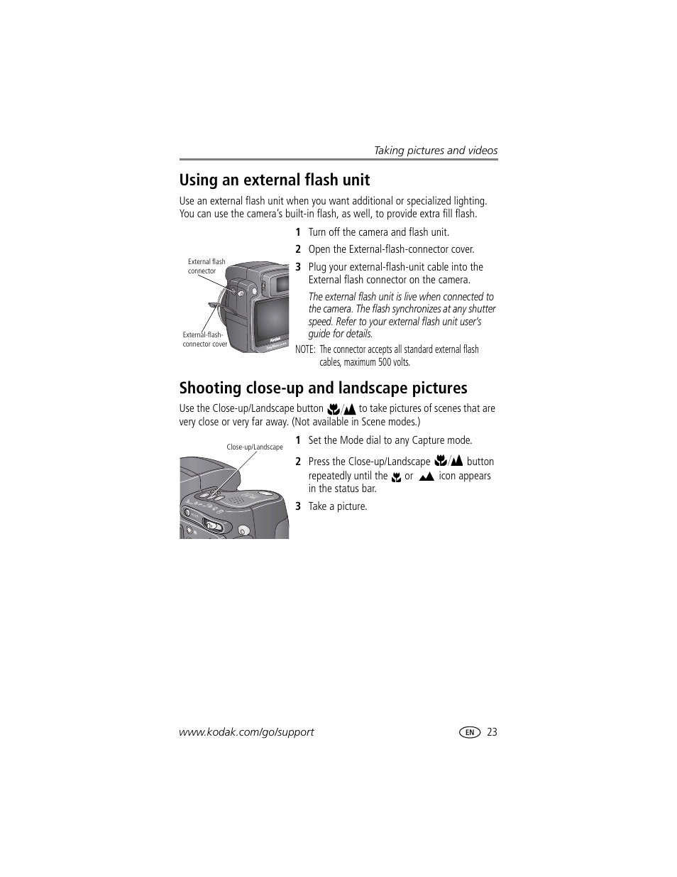 Using an external flash unit, Shooting close-up and landscape pictures | Kodak DX7590 User Manual | Page 31 / 82