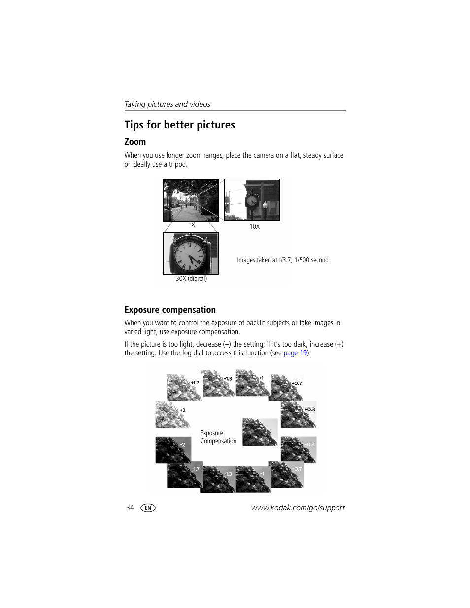 Tips for better pictures, Zoom, Exposure compensation | Kodak DX7590 User Manual | Page 42 / 82