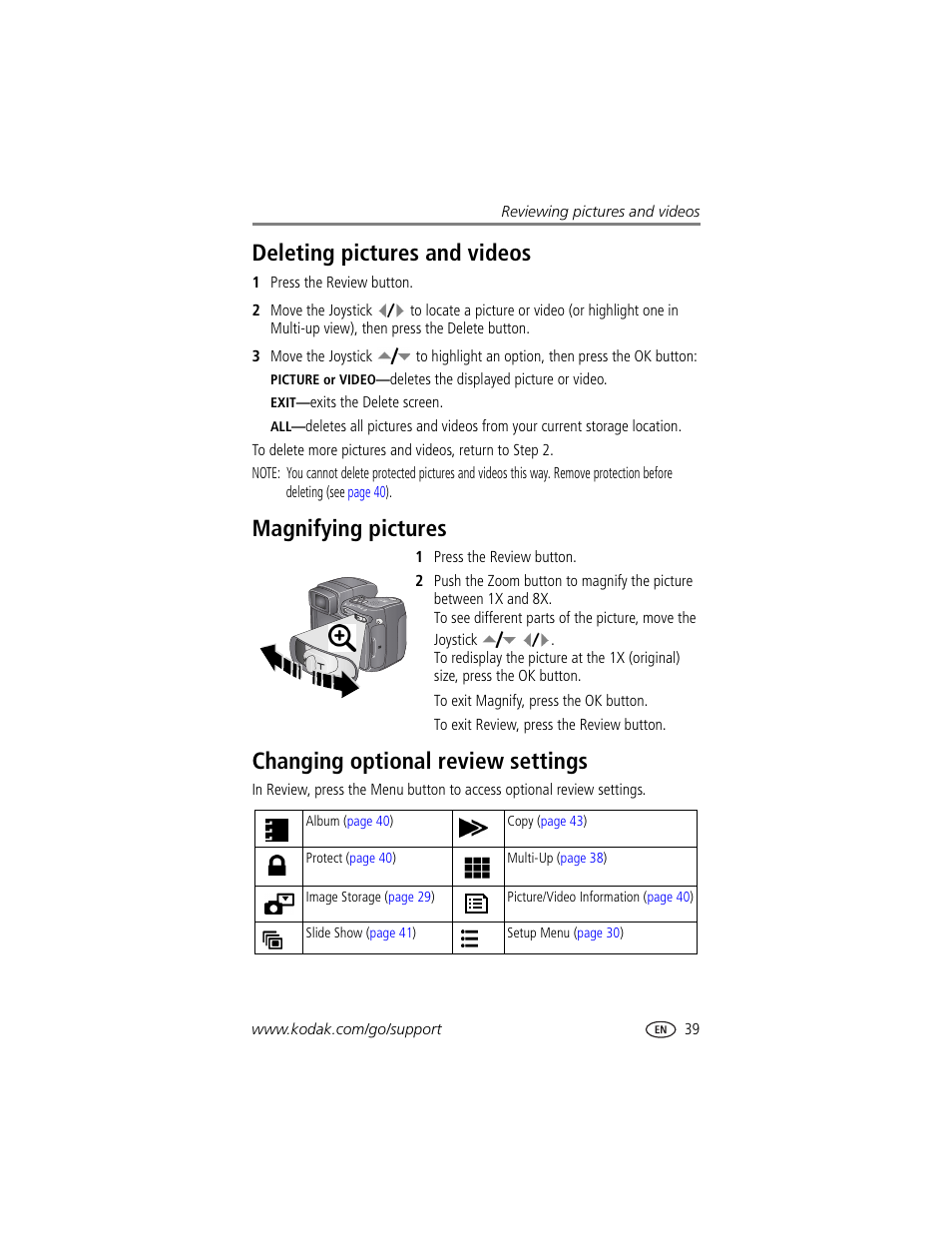 Deleting pictures and videos, Magnifying pictures, Changing optional review settings | View (see | Kodak DX7590 User Manual | Page 47 / 82