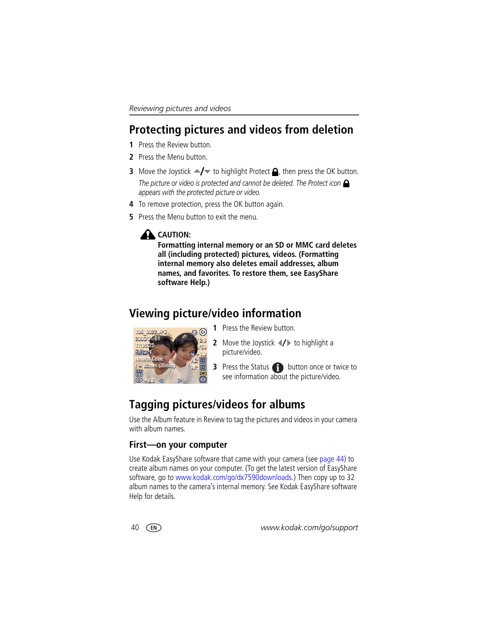 Protecting pictures and videos from deletion, Viewing picture/video information, Tagging pictures/videos for albums | First-on your computer | Kodak DX7590 User Manual | Page 48 / 82
