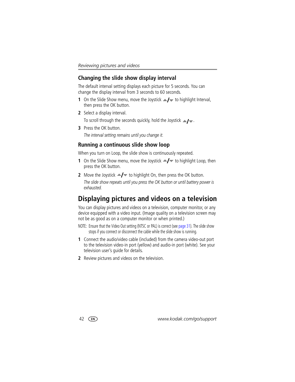 Changing the slide show display interval, Running a continuous slide show loop, Displaying pictures and videos on a television | Kodak DX7590 User Manual | Page 50 / 82