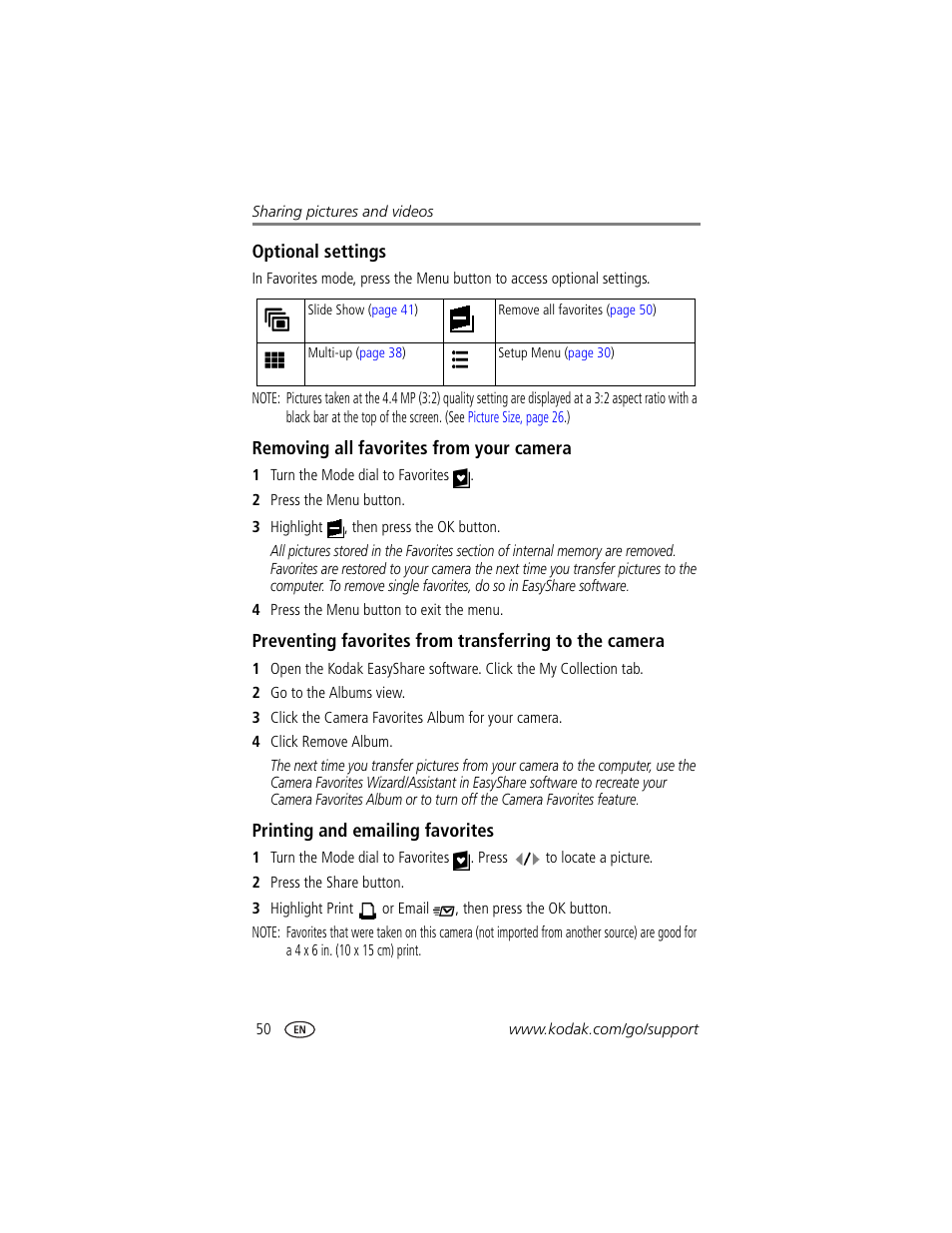 Optional settings, Removing all favorites from your camera, Printing and emailing favorites | Kodak DX7590 User Manual | Page 58 / 82