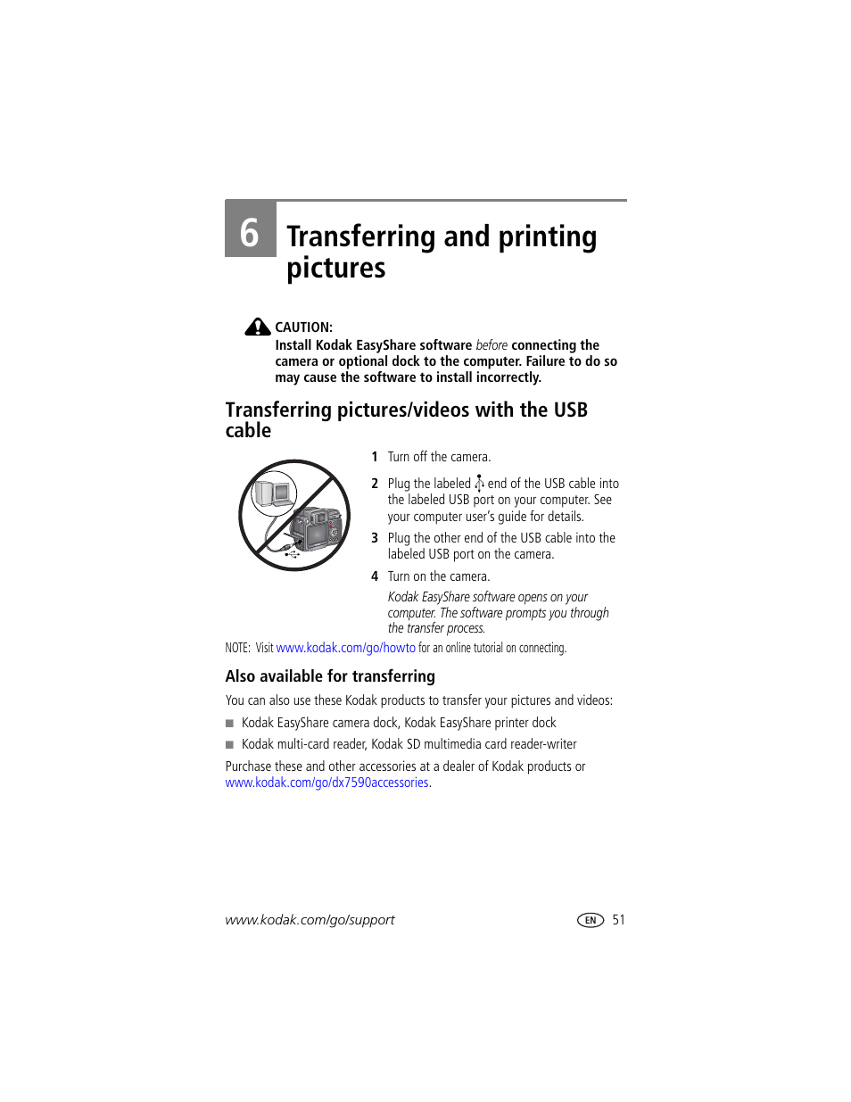 Transferring and printing pictures, Transferring pictures/videos with the usb cable, Also available for transferring | 6 transferring and printing pictures | Kodak DX7590 User Manual | Page 59 / 82