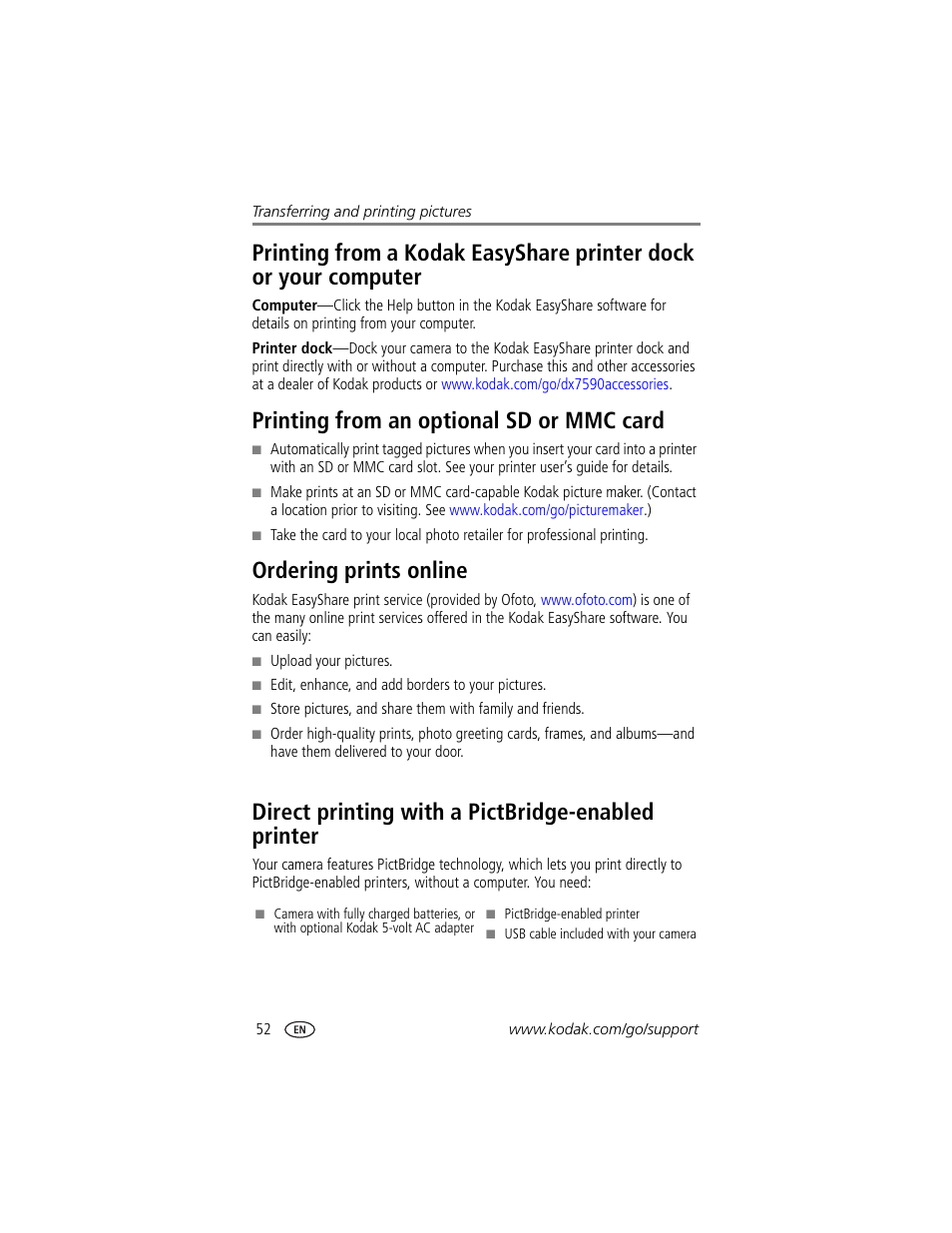 Printing from an optional sd or mmc card, Ordering prints online, Direct printing with a pictbridge-enabled printer | Kodak DX7590 User Manual | Page 60 / 82