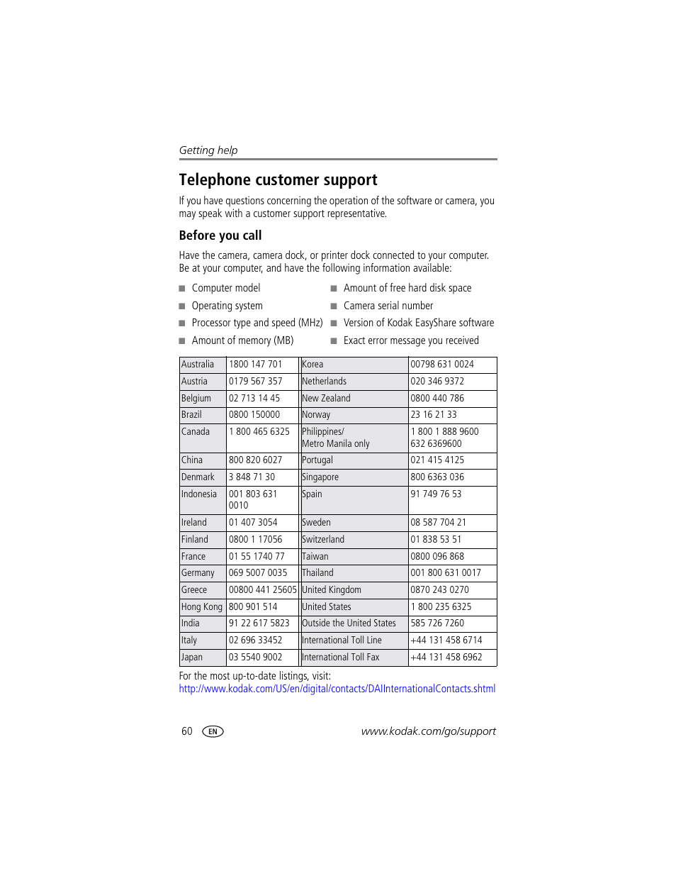 Telephone customer support, Before you call, Get help | Kodak DX7590 User Manual | Page 68 / 82