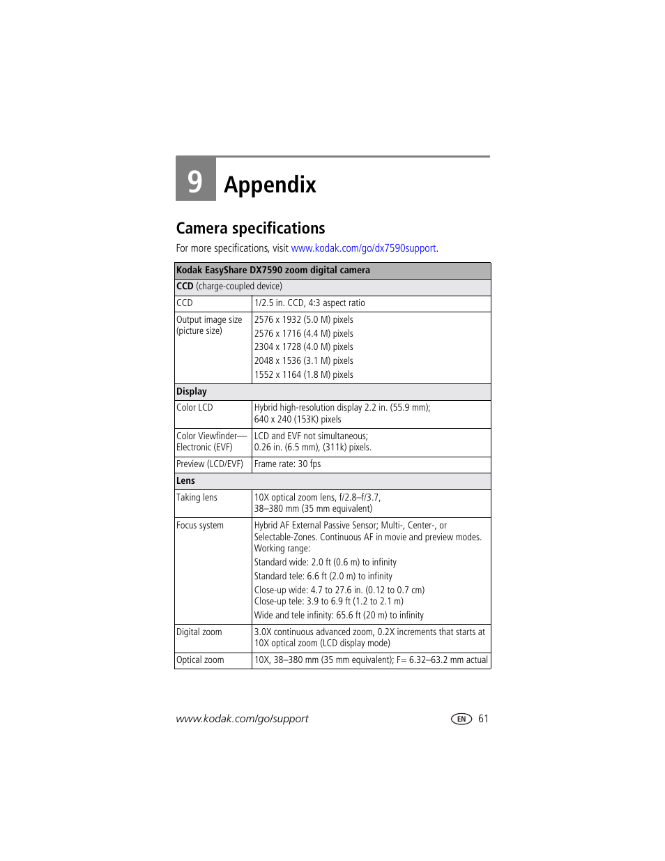 Appendix, Camera specifications, 9 appendix | Kodak DX7590 User Manual | Page 69 / 82