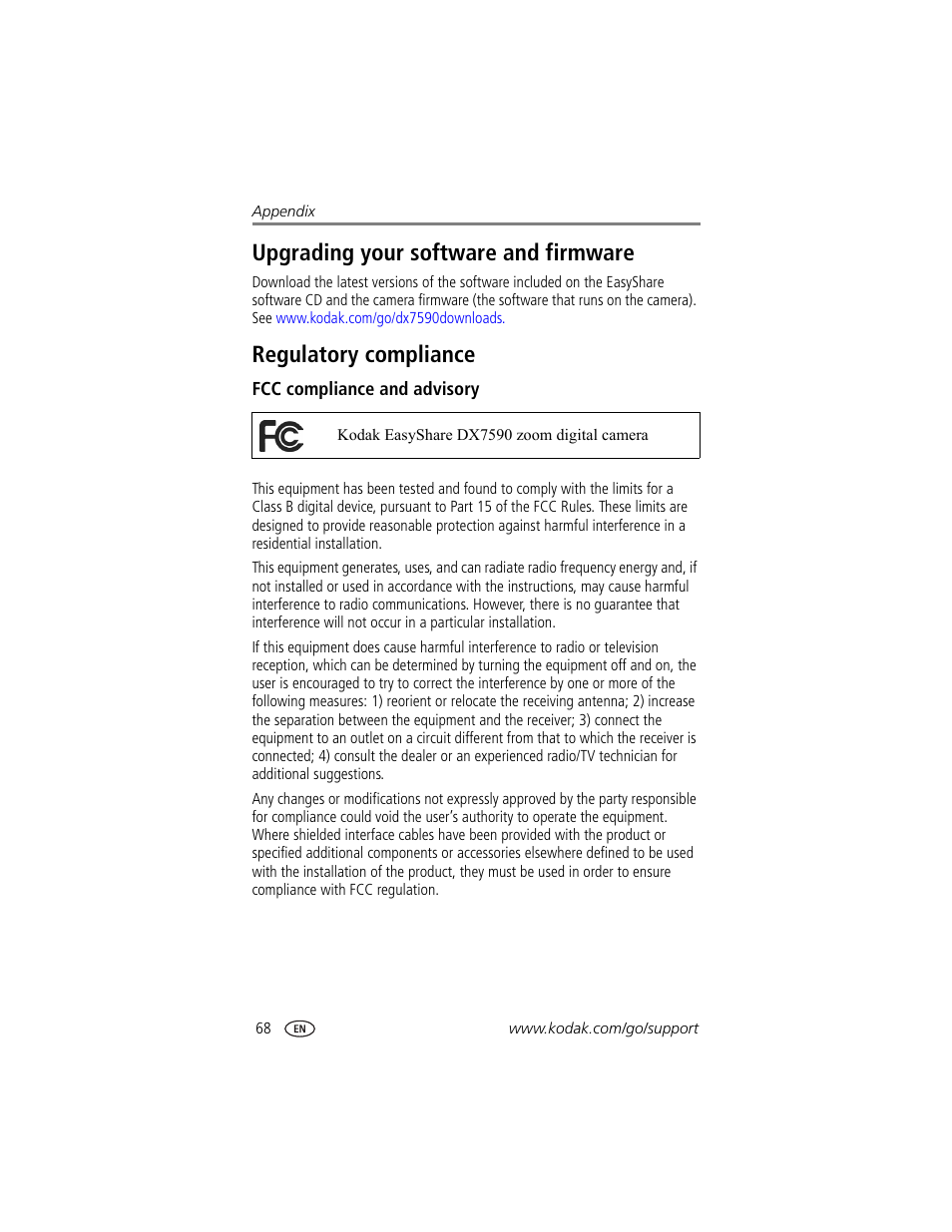 Upgrading your software and firmware, Regulatory compliance, Fcc compliance and advisory | Kodak DX7590 User Manual | Page 76 / 82