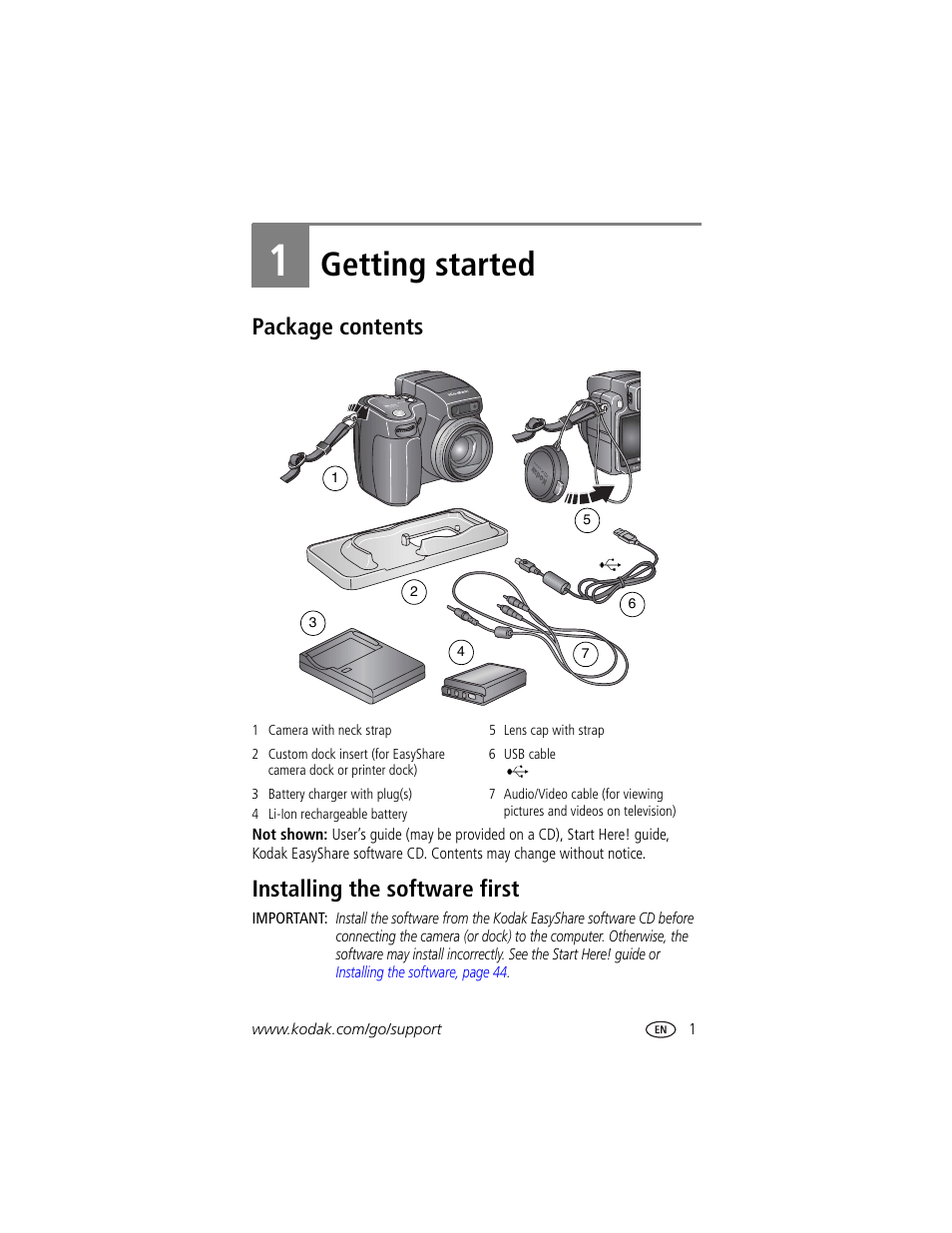 Getting started, Package contents, Installing the software first | 1 getting started, Package contents installing the software first | Kodak DX7590 User Manual | Page 9 / 82