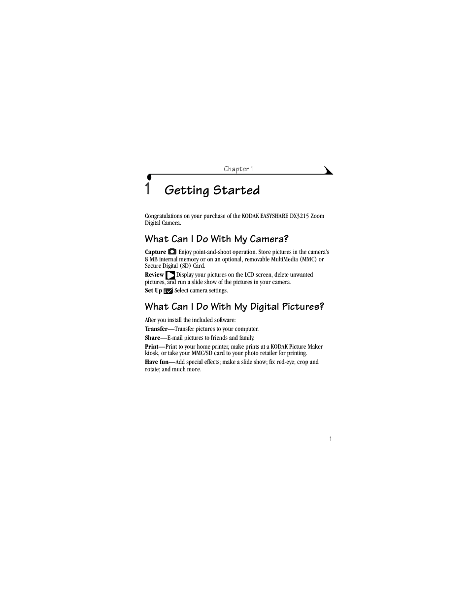 1 getting started, What can i do with my camera, What can i do with my digital pictures | Getting started | Kodak DX3215 User Manual | Page 11 / 86