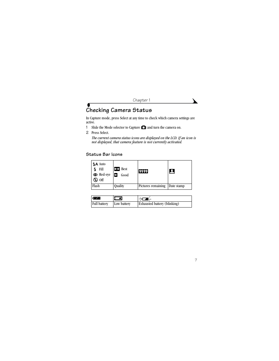 Checking camera status, Status bar icons | Kodak DX3215 User Manual | Page 17 / 86