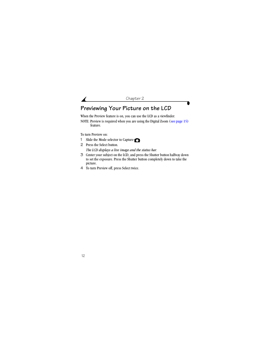 Previewing your picture on the lcd | Kodak DX3215 User Manual | Page 22 / 86