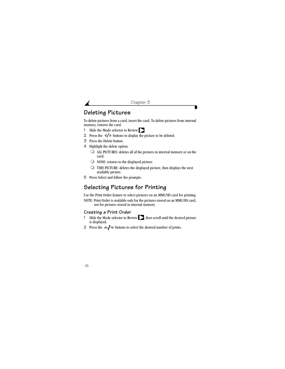 Deleting pictures, Selecting pictures for printing, Creating a print order | Deleting pictures selecting pictures for printing | Kodak DX3215 User Manual | Page 28 / 86