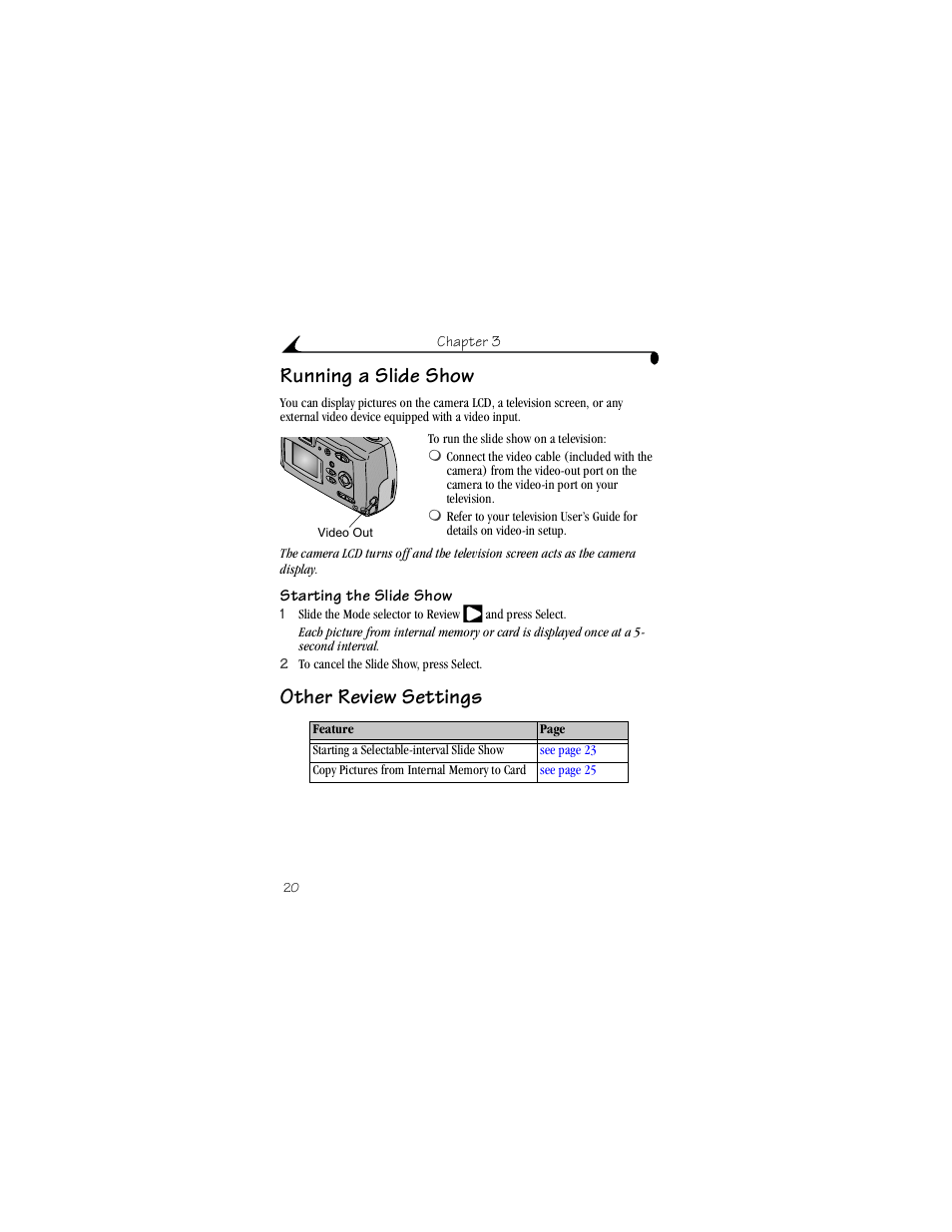 Running a slide show, Starting the slide show, Other review settings | Kodak DX3215 User Manual | Page 30 / 86