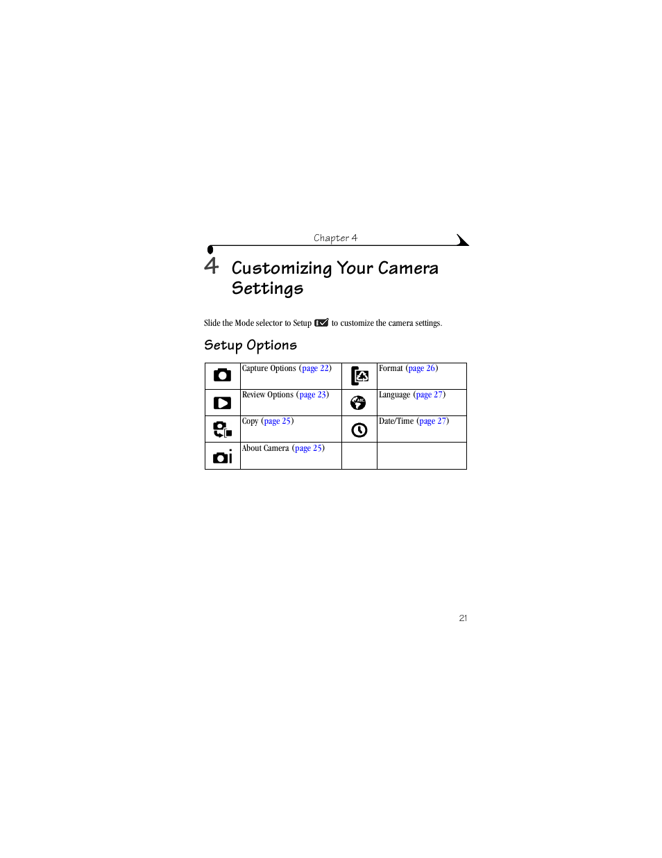 4 customizing your camera settings, Setup options, Customizing your camera settings | Kodak DX3215 User Manual | Page 31 / 86