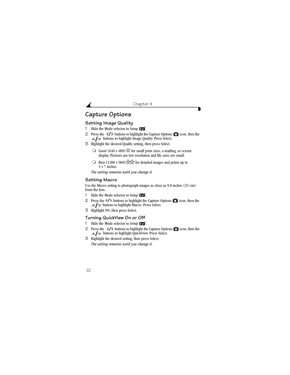 Capture options, Setting image quality, Setting macro | Turning quickview on or off | Kodak DX3215 User Manual | Page 32 / 86