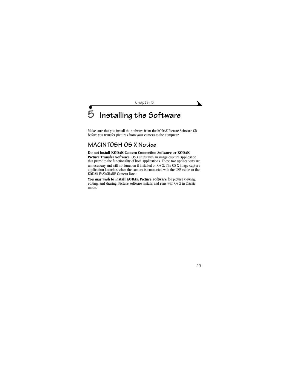 5 installing the software, Macintosh os x notice, Installing the software | Kodak DX3215 User Manual | Page 39 / 86