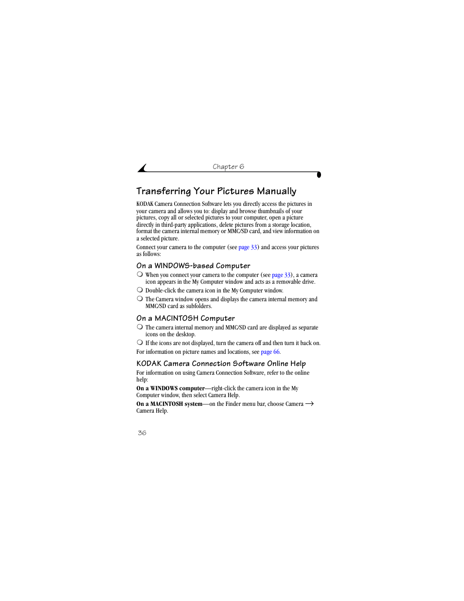 Transferring your pictures manually, On a windows-based computer, On a macintosh computer | Kodak camera connection software online help, Kodak camera connection software online help. 36 | Kodak DX3215 User Manual | Page 46 / 86