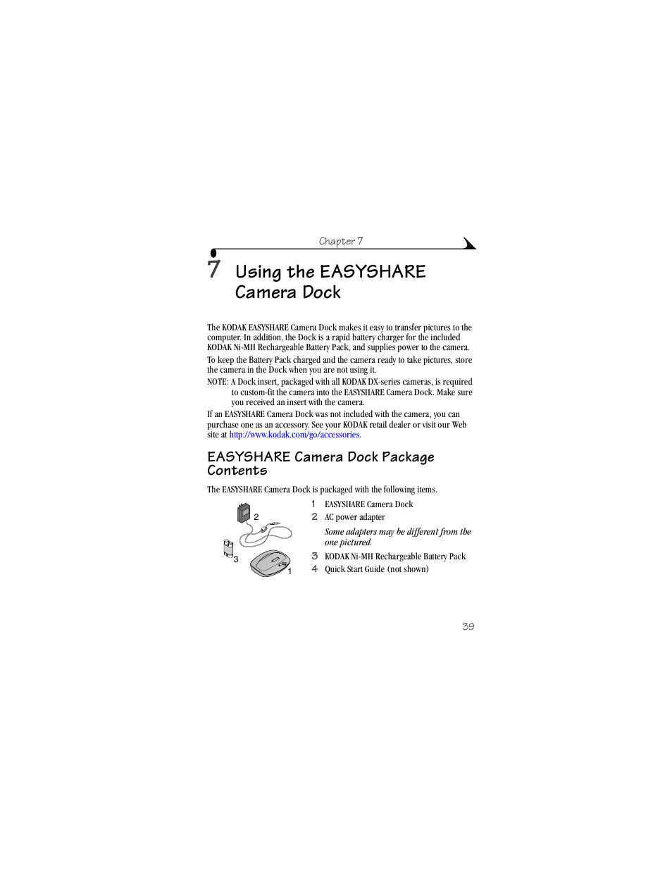 7 using the easyshare camera dock, Easyshare camera dock package contents, Using the | Easyshare camera dock, Using the easyshare camera dock | Kodak DX3215 User Manual | Page 49 / 86