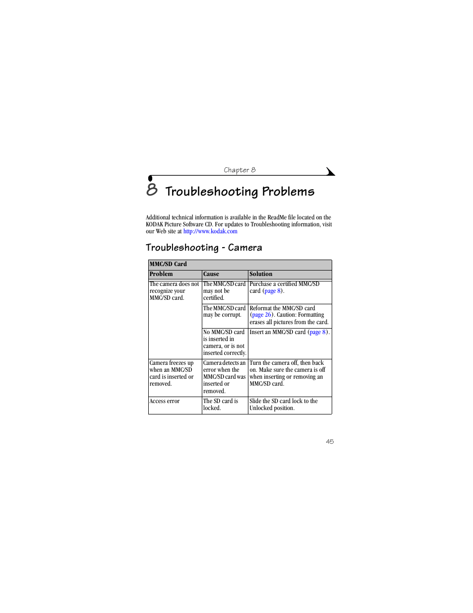 8 troubleshooting problems, Troubleshooting - camera, Troubleshooting problems | Kodak DX3215 User Manual | Page 55 / 86