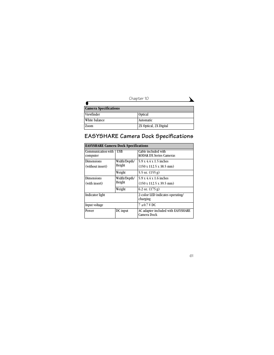 Easyshare camera dock specifications | Kodak DX3215 User Manual | Page 71 / 86
