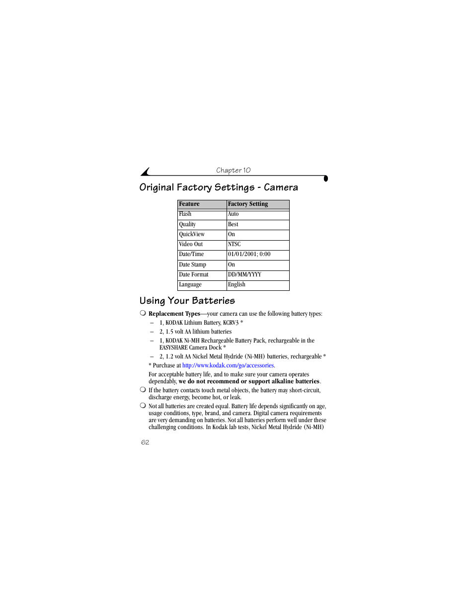 Original factory settings - camera, Using your batteries | Kodak DX3215 User Manual | Page 72 / 86