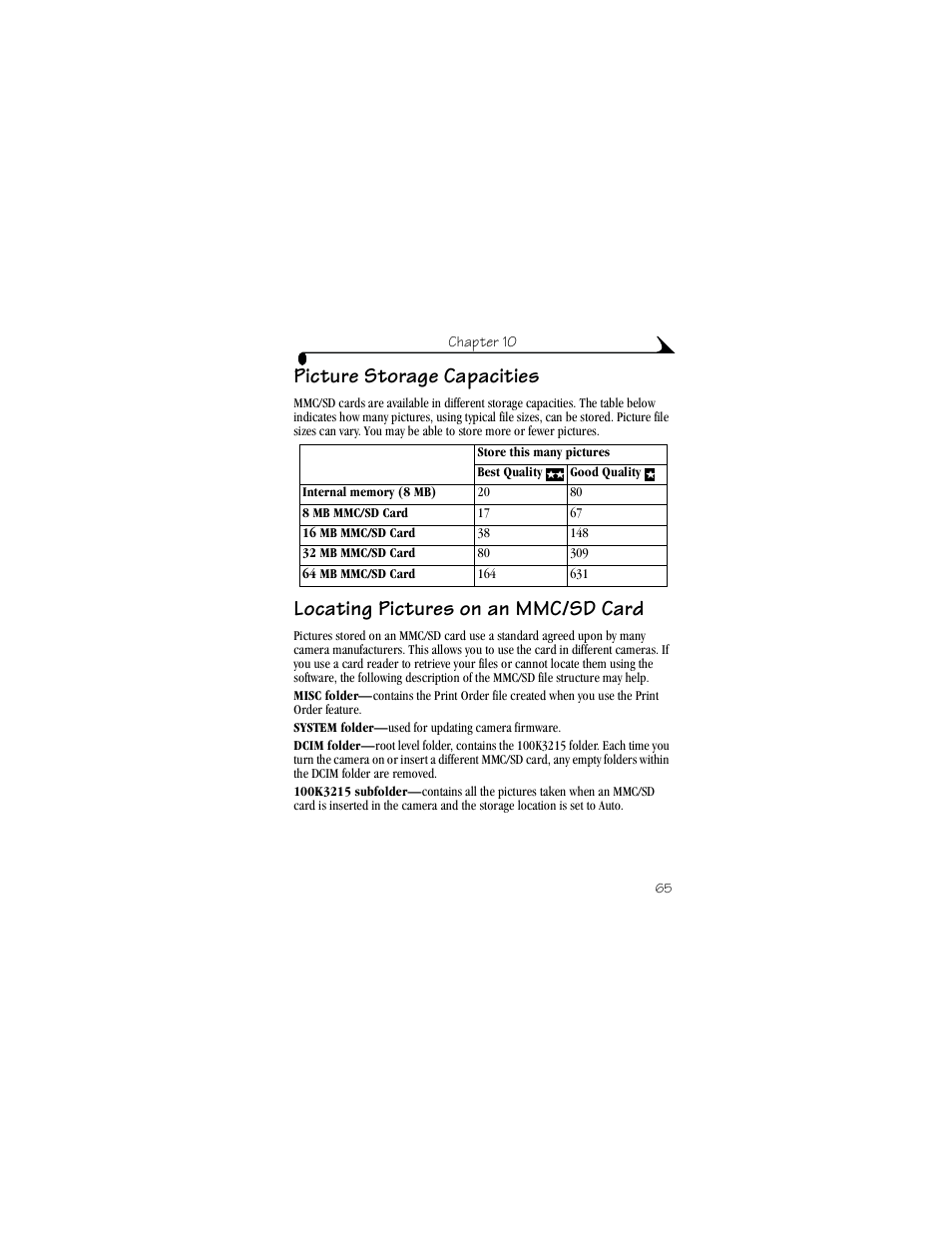 Picture storage capacities, Locating pictures on an mmc/sd card | Kodak DX3215 User Manual | Page 75 / 86