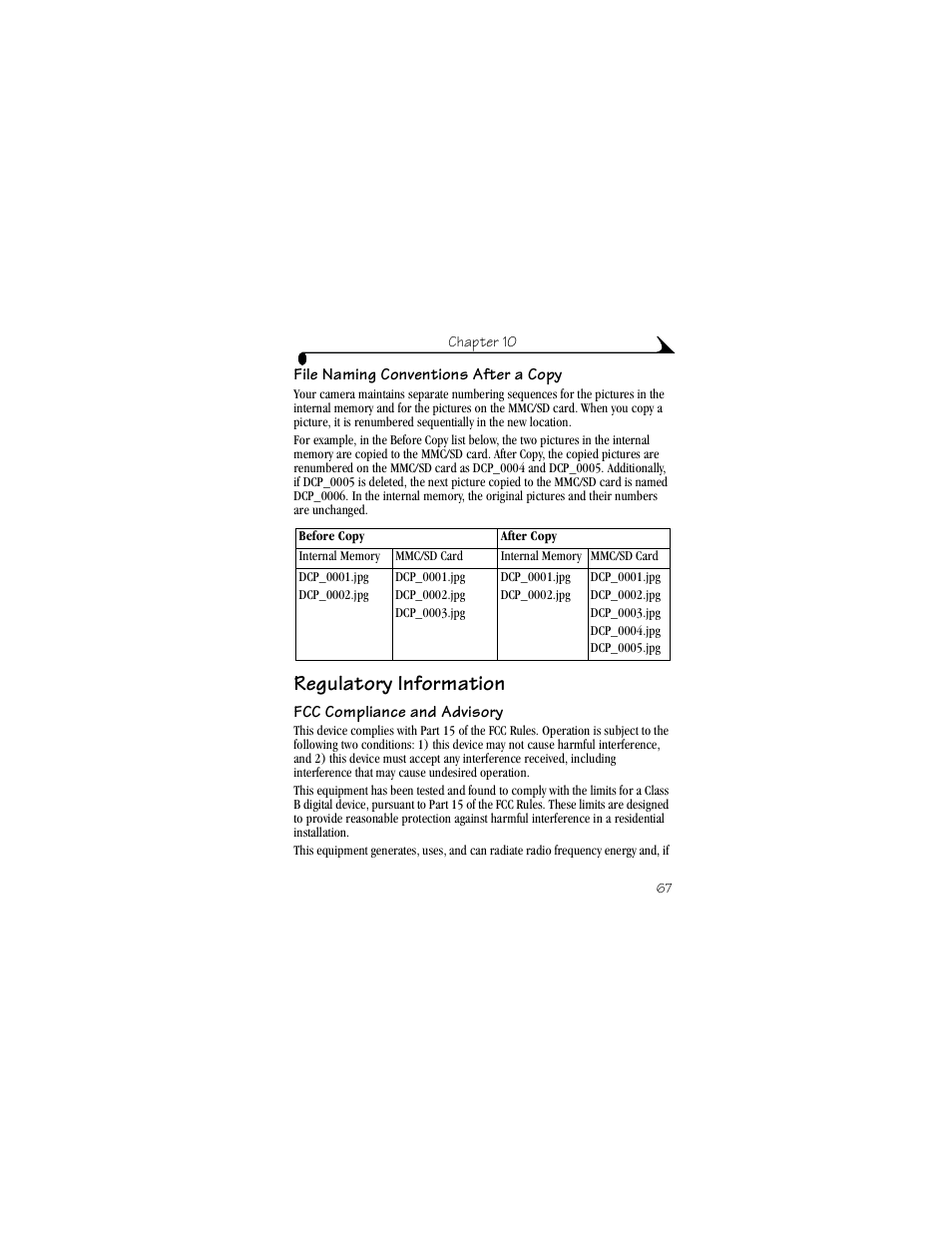 File naming conventions after a copy, Regulatory information, Fcc compliance and advisory | Kodak DX3215 User Manual | Page 77 / 86