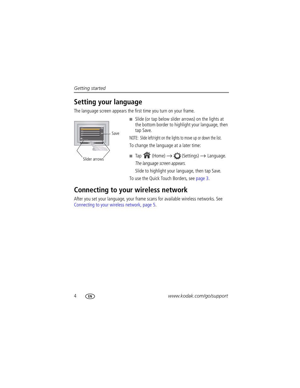 Setting your language, Connecting to your wireless network | Kodak EASYSHARE W1020 User Manual | Page 10 / 79