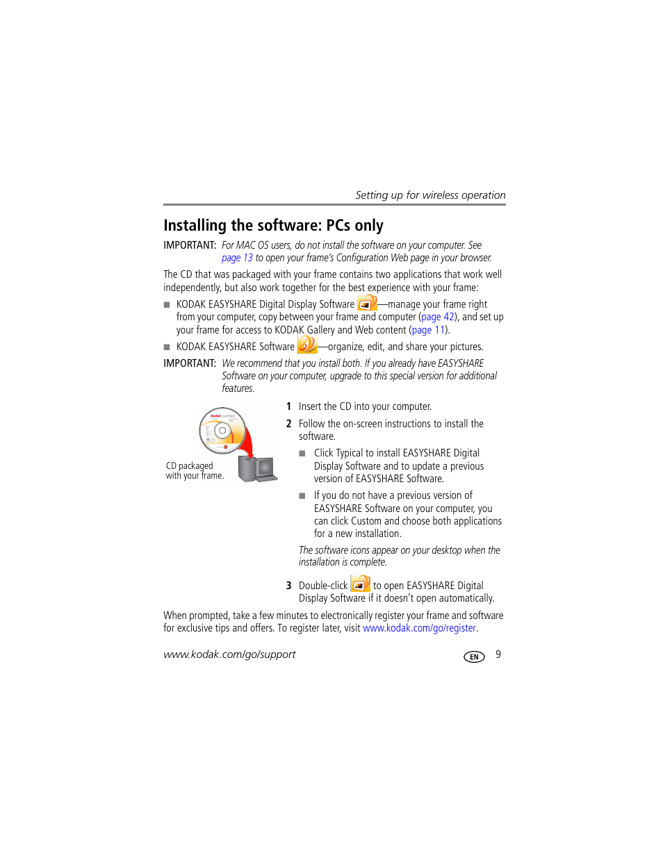 1 insert the cd into your computer, Installing the software: pcs only | Kodak EASYSHARE W1020 User Manual | Page 15 / 79