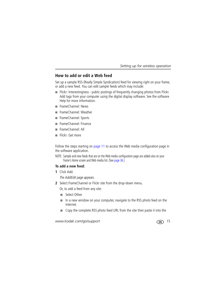 How to add or edit a web feed | Kodak EASYSHARE W1020 User Manual | Page 21 / 79