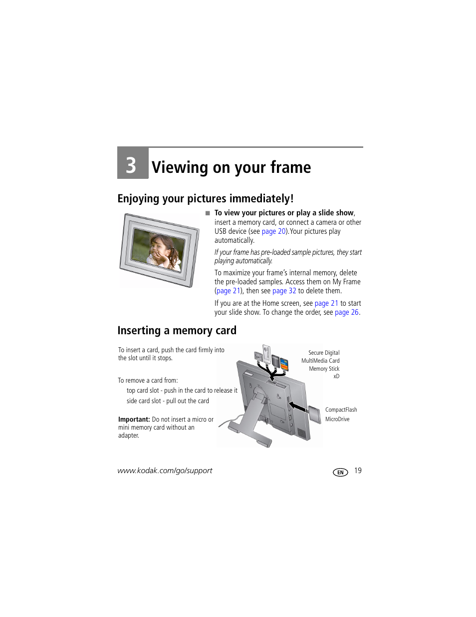3 viewing on your frame, Viewing on your frame, Enjoying your pictures immediately | Kodak EASYSHARE W1020 User Manual | Page 25 / 79