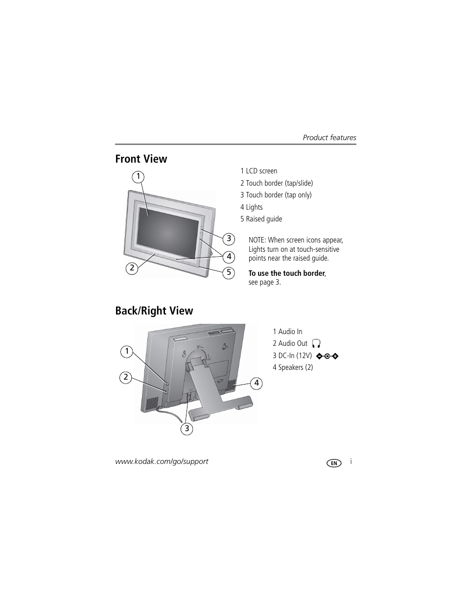 Front view back/right view | Kodak EASYSHARE W1020 User Manual | Page 3 / 79