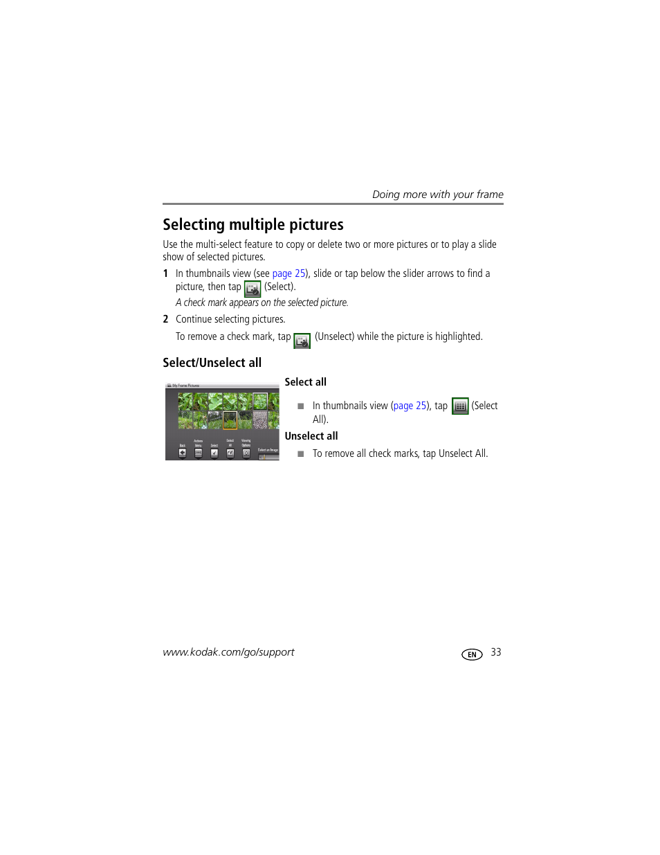 Selecting multiple pictures | Kodak EASYSHARE W1020 User Manual | Page 39 / 79