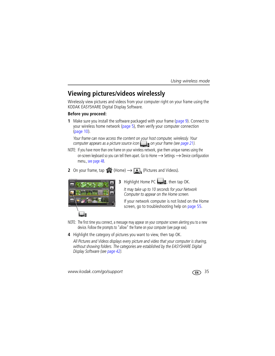 3 highlight home pc , then tap ok, Viewing pictures/videos wirelessly, Viewing pictures/videos | Kodak EASYSHARE W1020 User Manual | Page 41 / 79