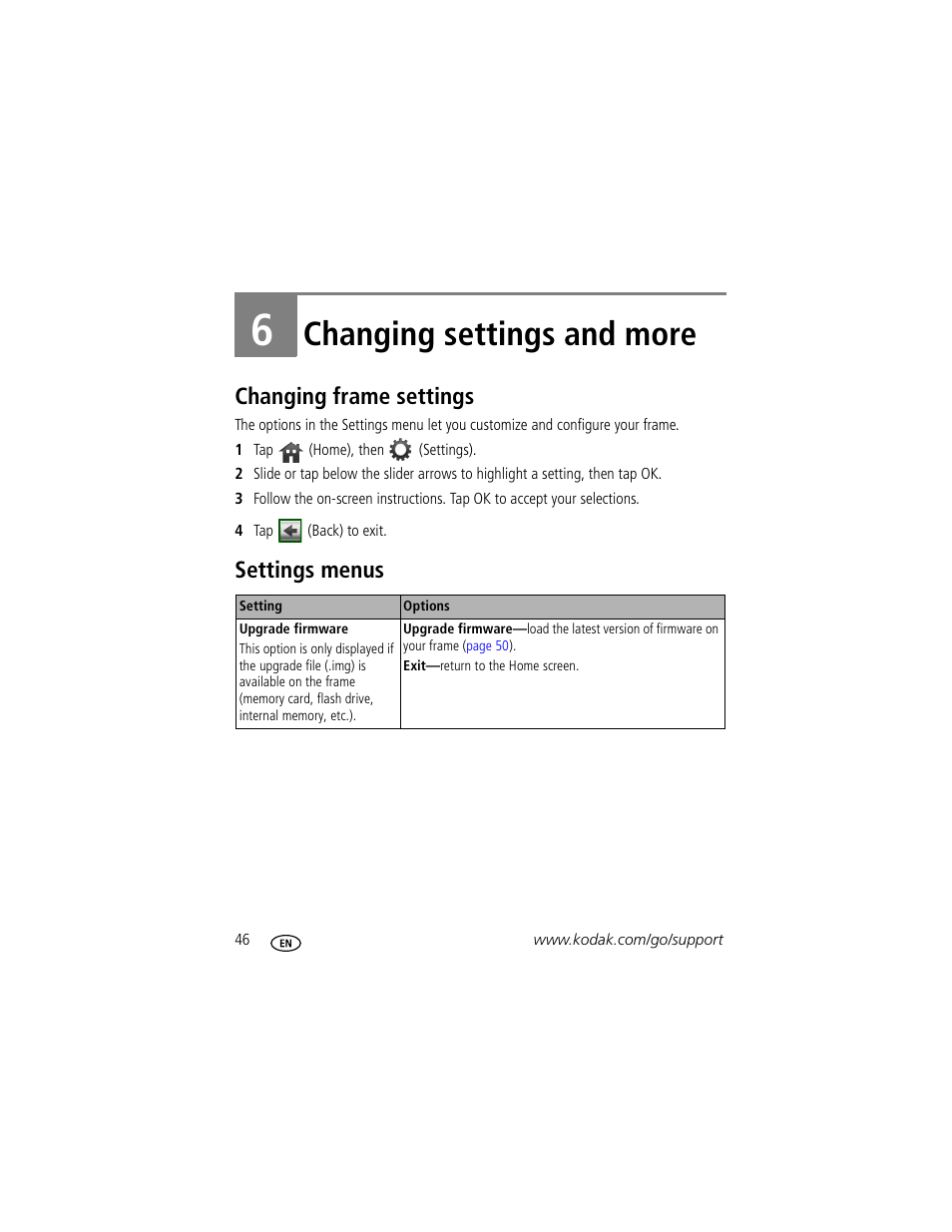 6 changing settings and more, Changing frame settings settings menus, Changing settings and more | Changing frame settings, Settings menus | Kodak EASYSHARE W1020 User Manual | Page 52 / 79