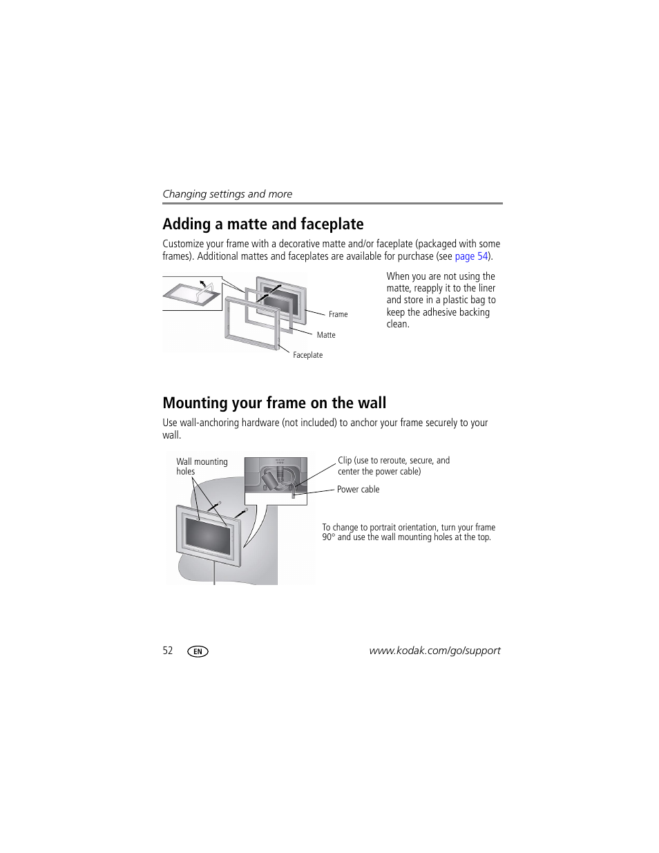 Adding a matte and faceplate, Mounting your frame on the wall | Kodak EASYSHARE W1020 User Manual | Page 58 / 79