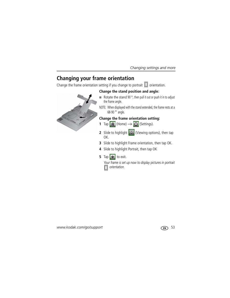 1 tap (home) æ (settings), 4 slide to highlight portrait, then tap ok, 5 tap to exit | Changing your frame orientation | Kodak EASYSHARE W1020 User Manual | Page 59 / 79