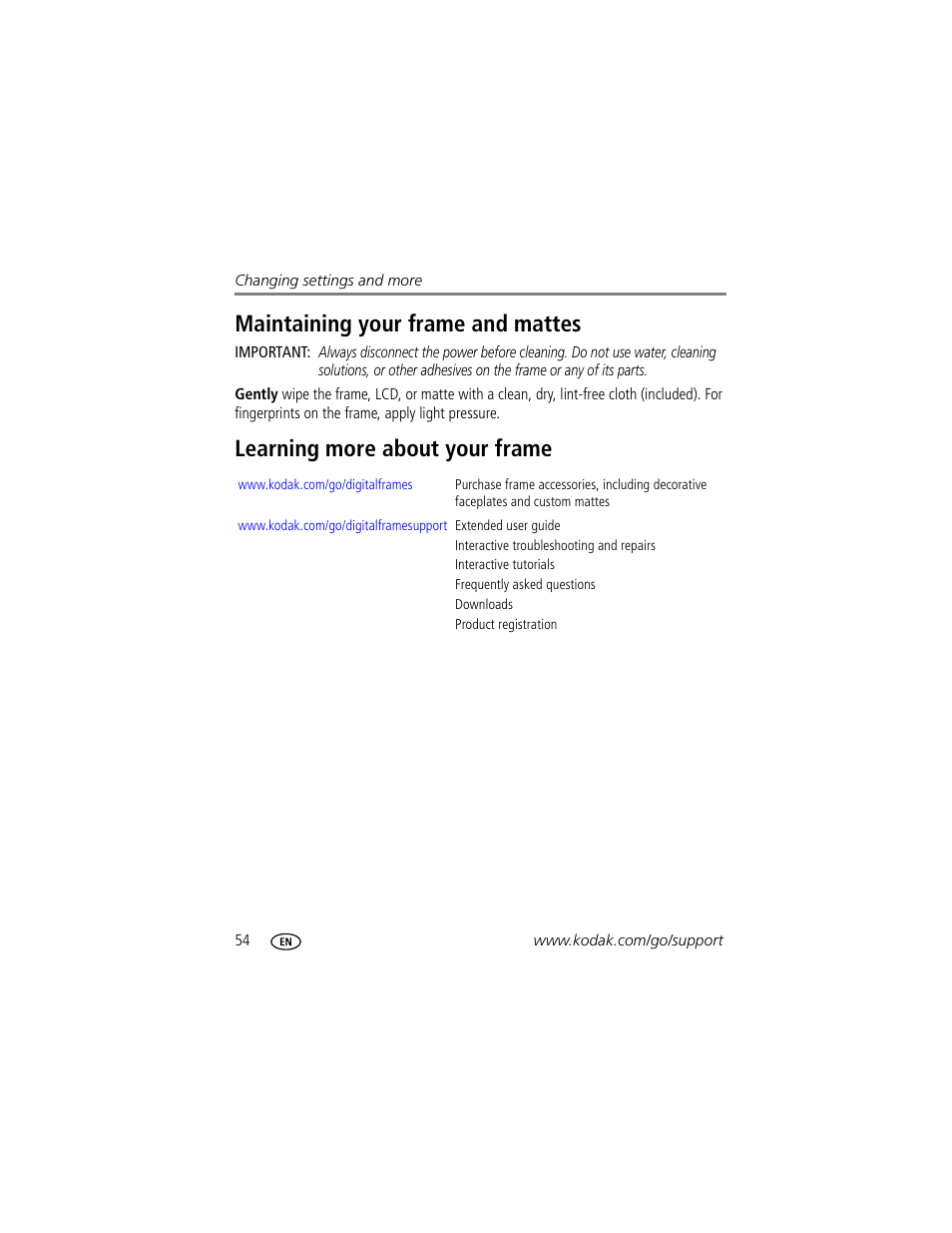 Maintaining your frame and mattes, Learning more about your frame | Kodak EASYSHARE W1020 User Manual | Page 60 / 79
