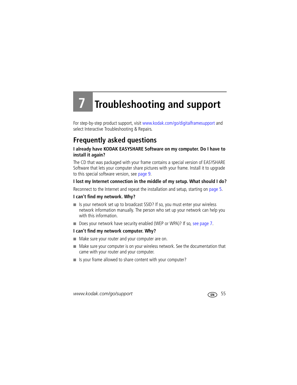 7 troubleshooting and support, Frequently asked questions, Troubleshooting and support | Kodak EASYSHARE W1020 User Manual | Page 61 / 79