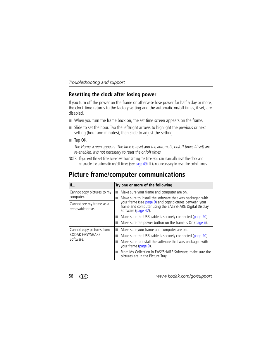 Picture frame/computer communications, Resetting the clock after, Resetting the clock after losing power | Kodak EASYSHARE W1020 User Manual | Page 64 / 79