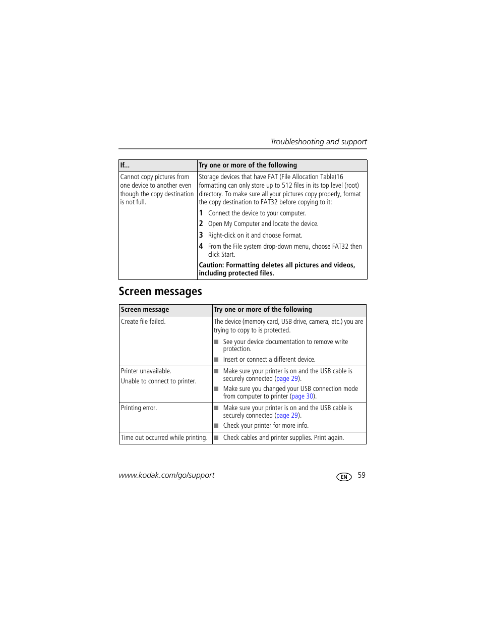 Screen messages | Kodak EASYSHARE W1020 User Manual | Page 65 / 79