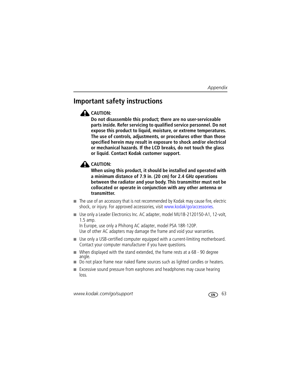 Important safety instructions | Kodak EASYSHARE W1020 User Manual | Page 69 / 79