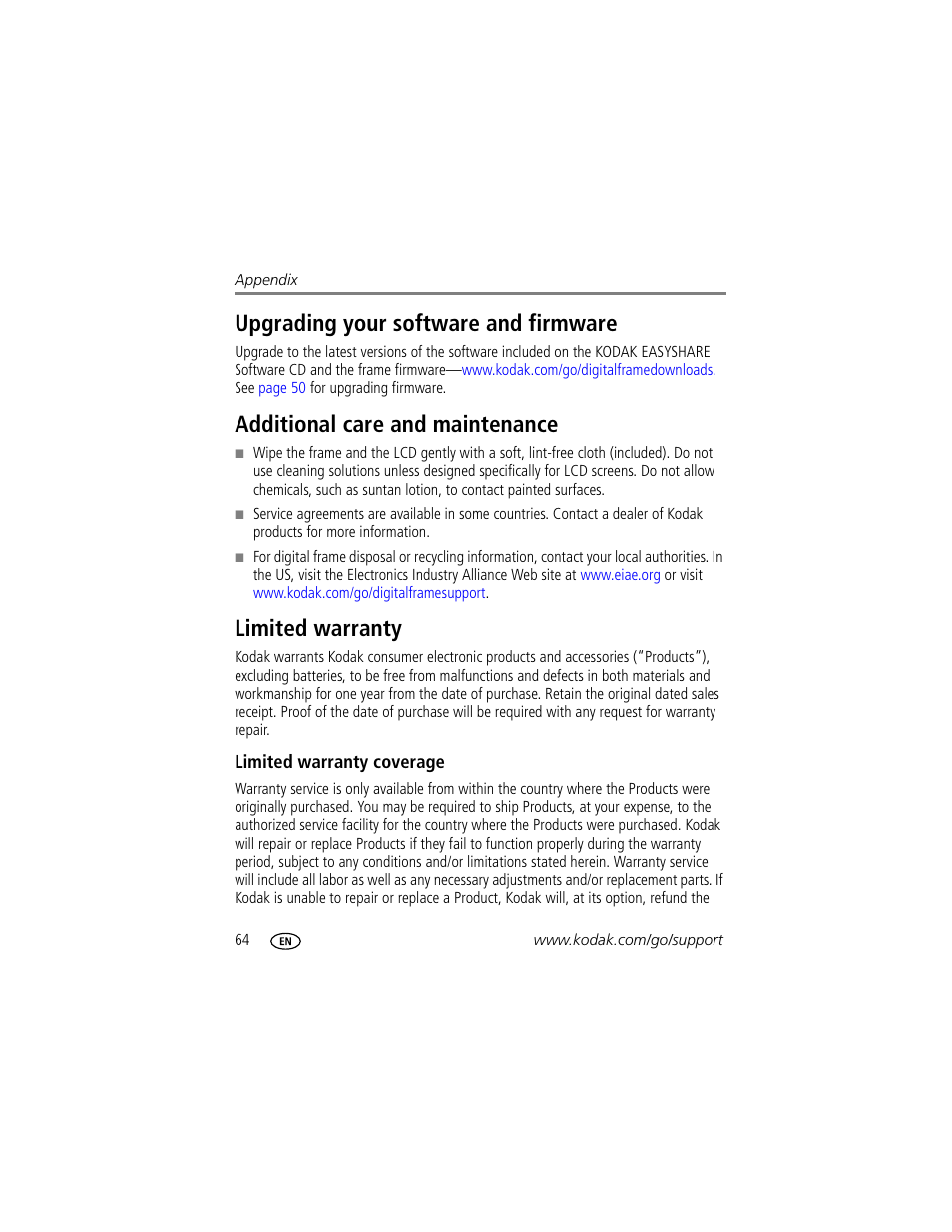 Upgrading your software and firmware, Additional care and maintenance, Limited warranty | Kodak EASYSHARE W1020 User Manual | Page 70 / 79